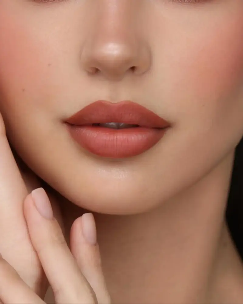 Close-up of a woman's face with natural, softly flushed skin, her fingertips resting on her cheek